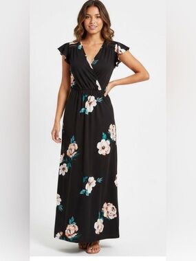 👗Loveappella Black Floral v neck  Maxi Dress